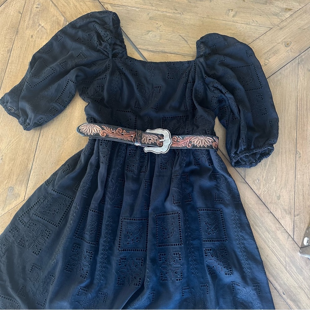 Johnny Was Eyelet Mini Dress Tonal Black Cotton Silk Embroidered Puff Sleeve M - Picture 11 of 11